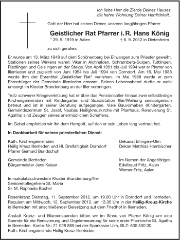 Traueranzeige von Hans König von Schwäbische Post