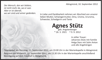 Traueranzeige von Agnes Stütz von Schwäbische Post