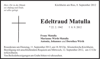 Traueranzeige von Edeltraud Matulla von Schwäbische Post