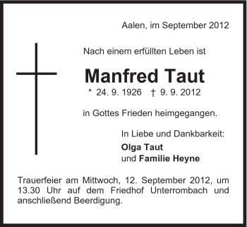 Traueranzeige von Manfred Taut von Schwäbische Post