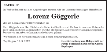 Traueranzeige von Lorenz Göggerle von Schwäbische Post