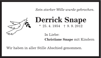 Traueranzeige von Derrick Snape von Gmünder Tagespost