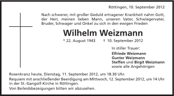 Traueranzeige von Weizmann Wilhelm von Schwäbische Post