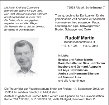 Traueranzeige von Rudolf Martin von Gmünder Tagespost