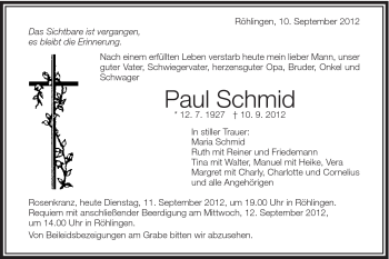 Traueranzeige von Paul Schmid von Schwäbische Post