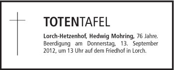 Traueranzeige von Hedwig Mohring von Gmünder Tagespost