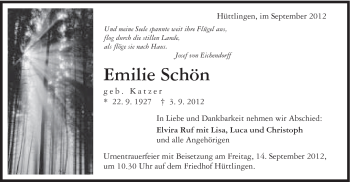 Traueranzeige von Emilie Schön von Schwäbische Post