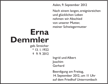 Traueranzeige von Erna Demmler von Schwäbische Post