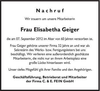 Traueranzeige von Elisabeth Geiger von Gmünder Tagespost