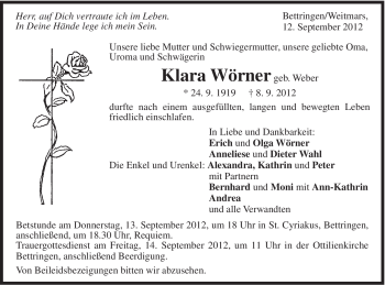 Traueranzeige von Klara Wörner von Gmünder Tagespost