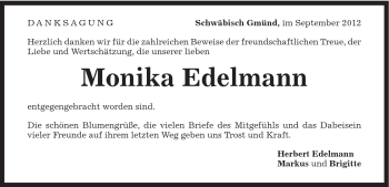 Traueranzeige von Monika Edelmann von Gmünder Tagespost