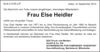 Traueranzeige von Else Heidler von Schwäbische Post