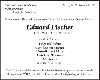Traueranzeige von Eduard Fischer von Schwäbische Post
