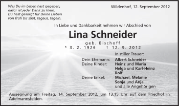 Traueranzeige von Lina Schneider von Schwäbische Post
