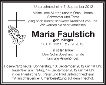 Traueranzeige von Maria Faulstich von Schwäbische Post