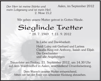 Traueranzeige von Sieglinde Tretter von Schwäbische Post