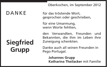 Traueranzeige von Grupp Siegfried von Schwäbische Post