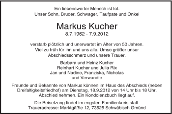 Traueranzeige von Markus Kucher von Gmünder Tagespost