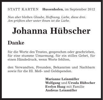 Traueranzeige von Johanna Hübscher von Gmünder Tagespost