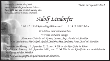 Traueranzeige von Adolf Lindorfer von Schwäbische Post