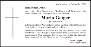Traueranzeige von Maria Geiger von Gmünder Tagespost