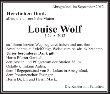 Traueranzeige von Louise Wolf von Schwäbische Post