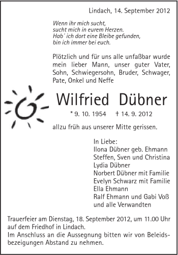 Traueranzeige von Wilfried Dübner von Gmünder Tagespost