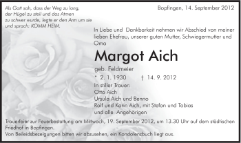Traueranzeige von Margot Aich von Schwäbische Post