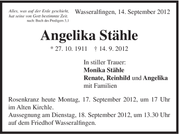 Traueranzeige von Angelika Stähle von Schwäbische Post