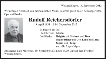 Traueranzeige von Rudolf Reichersdörfer von Schwäbische Post