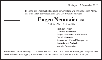 Traueranzeige von Eugen Neumaier von Schwäbische Post