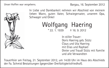 Traueranzeige von Wolfgang Haering von Gmünder Tagespost