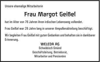 Traueranzeige von Margot Geißel von Gmünder Tagespost