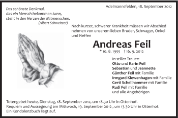 Traueranzeige von Andreas Feil von Schwäbische Post