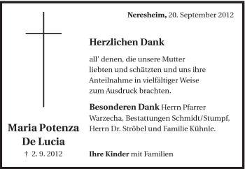 Traueranzeige von Maria Potenza De Lucia von Schwäbische Post