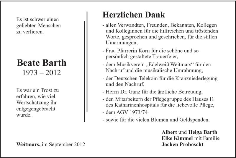  Traueranzeige für Beate Barth vom 18.09.2012 aus Gmünder Tagespost