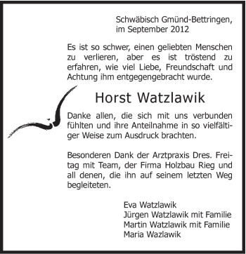 Traueranzeige von Horst Watzlawik von Gmünder Tagespost