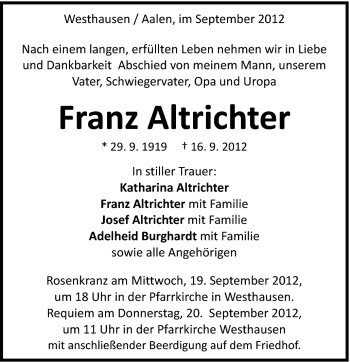 Traueranzeige von Franz Altrichter von Schwäbische Post