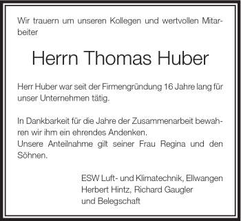 Traueranzeige von Thomas Huber von Schwäbische Post