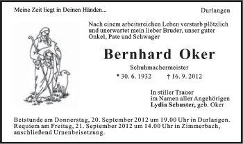 Traueranzeige von Bernhard Oker von Gmünder Tagespost