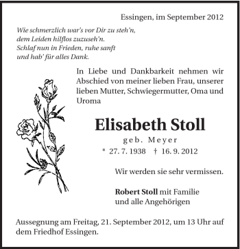 Traueranzeige von Elisabeth Stoll von Schwäbische Post