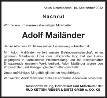 Traueranzeige von Adolf Mailänder von Schwäbische Post
