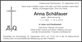 Traueranzeige von Anna Schäfauer von Schwäbische Post