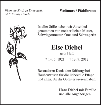 Traueranzeige von Else Diebel von Gmünder Tagespost