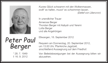 Traueranzeige von Peter Paul Berger von Schwäbische Post