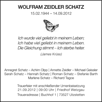 Traueranzeige von Wolfram Zeidler Schatz von Gmünder Tagespost
