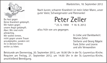 Traueranzeige von Peter Zeller von Gmünder Tagespost
