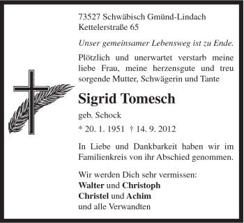 Traueranzeige von Sigrid Tomesch von Gmünder Tagespost