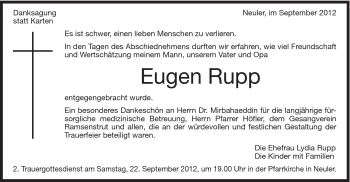 Traueranzeige von Eugen Rupp von Schwäbische Post