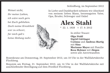Traueranzeige von Alex Stahl von Schwäbische Post